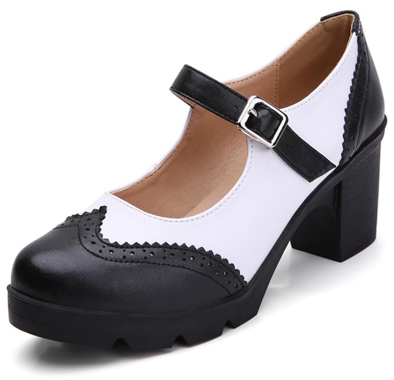 DADAWEN Women's Chunky Low Block Heels Mary Jane Closed Toe Work Pumps Comfortable Round Toe Oxfords Dress Wedding Shoes Black/White US Size 10 - Image 1
